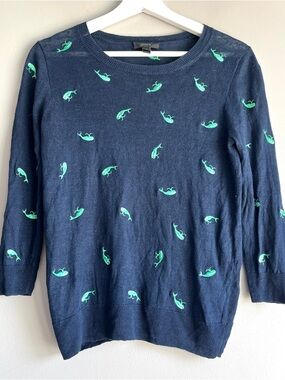 J Crew whale linen sweater XS womens blue crew neck pullover embroidered preppy